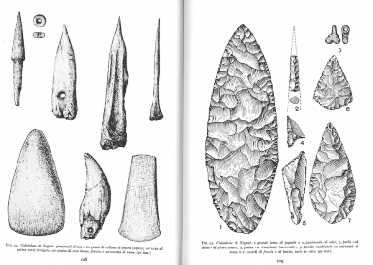 Tavole archeologiche in bianco e nero con disegni di punte, asce e manufatti rinvenuti alle Colombare di Villa.