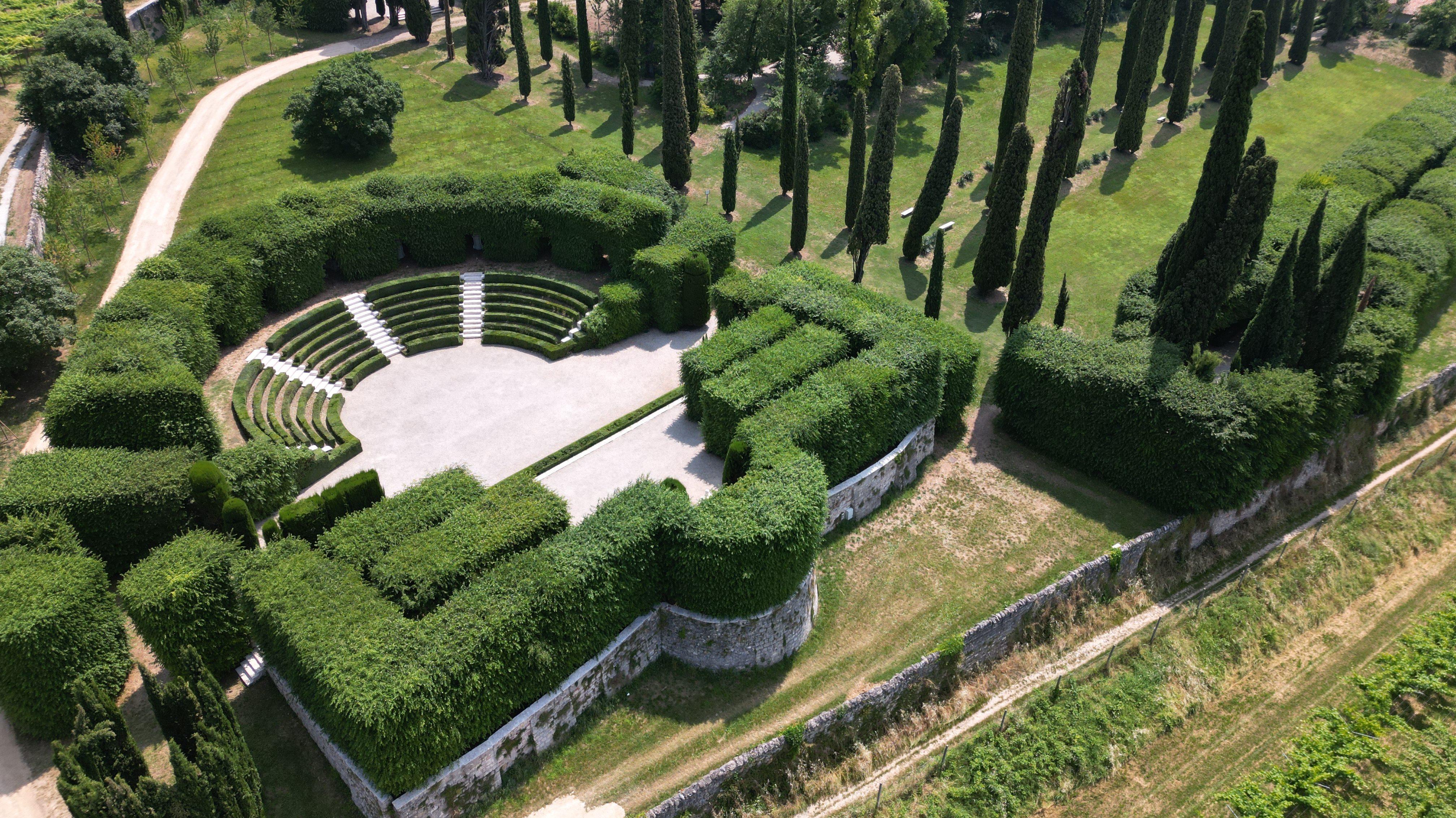 Aerial view of the Theatre of Greenery at Pojega Garden, one of Europe's finest historic green theatres in Negrar di Valpolicella.
