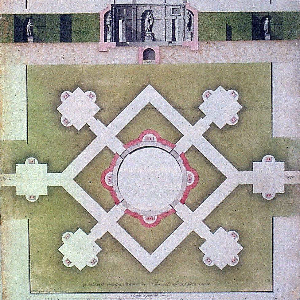 Original drawing by Luigi Trezza of the Circular Temple at Pojega Garden, preserved in the historic archives.