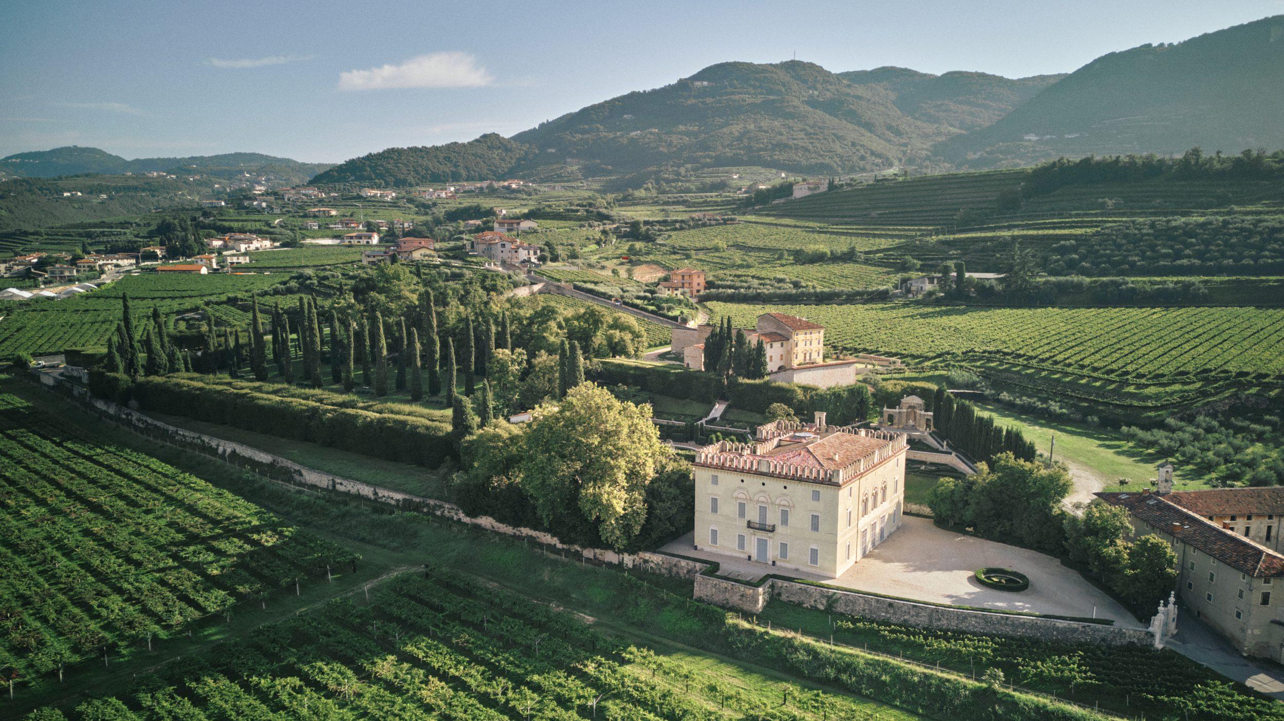 Veduta aerea della Tenuta Guerrieri Rizzardi in Valpolicella con Villa Rizzardi e il Giardino di Pojega circondati dai vigneti.