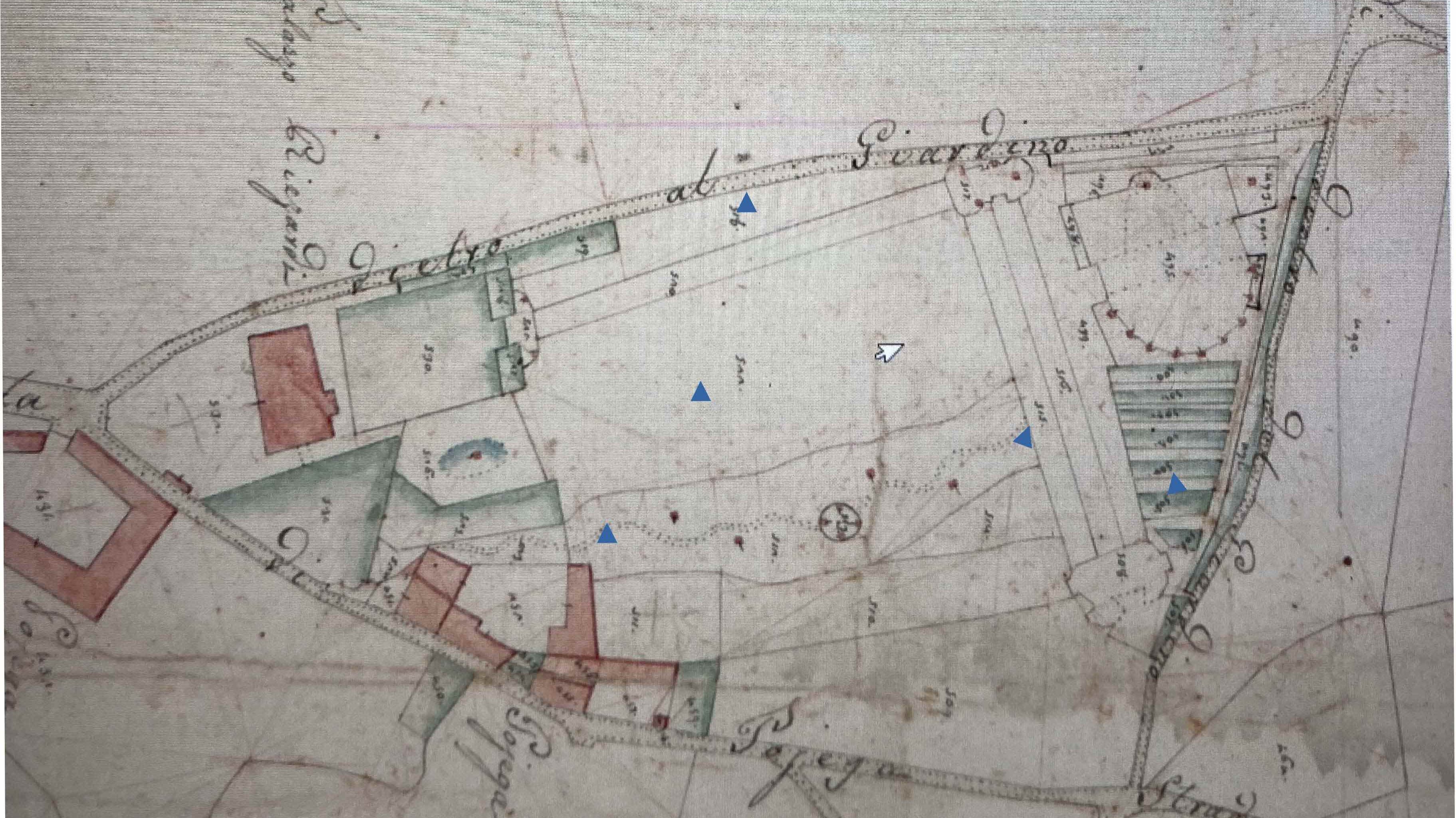 Mappale napoleonico della località Pojega che documenta la presenza di un antico orto alle spalle del Teatro di Verzura del Giardino di Pojega.