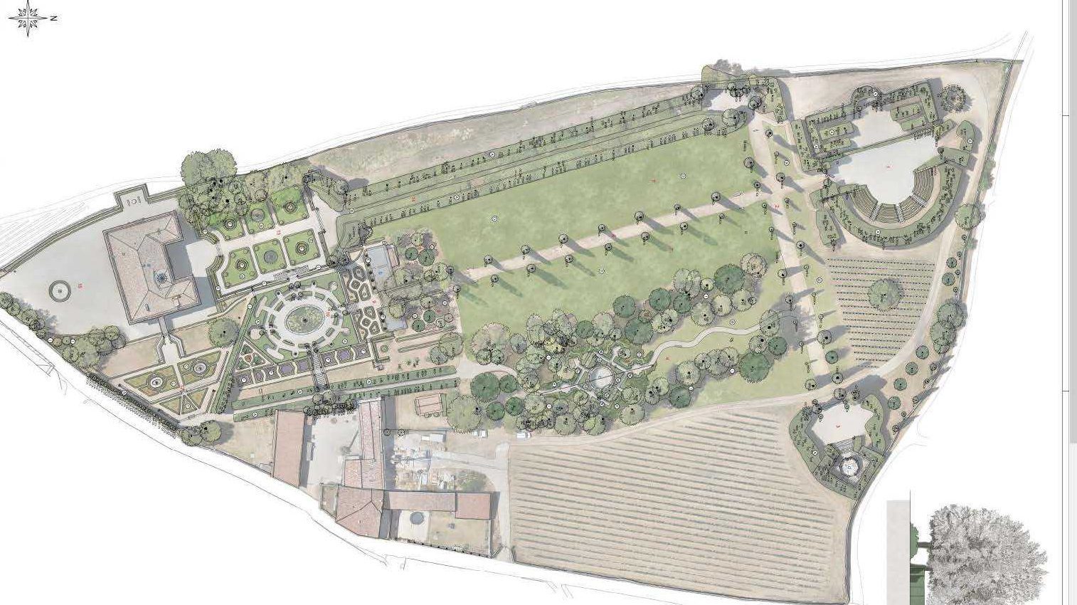 Planimetria del Giardino di Pojega elaborata dall’architetto paesaggista Giuseppe Rallo durante il progetto di restauro botanico.