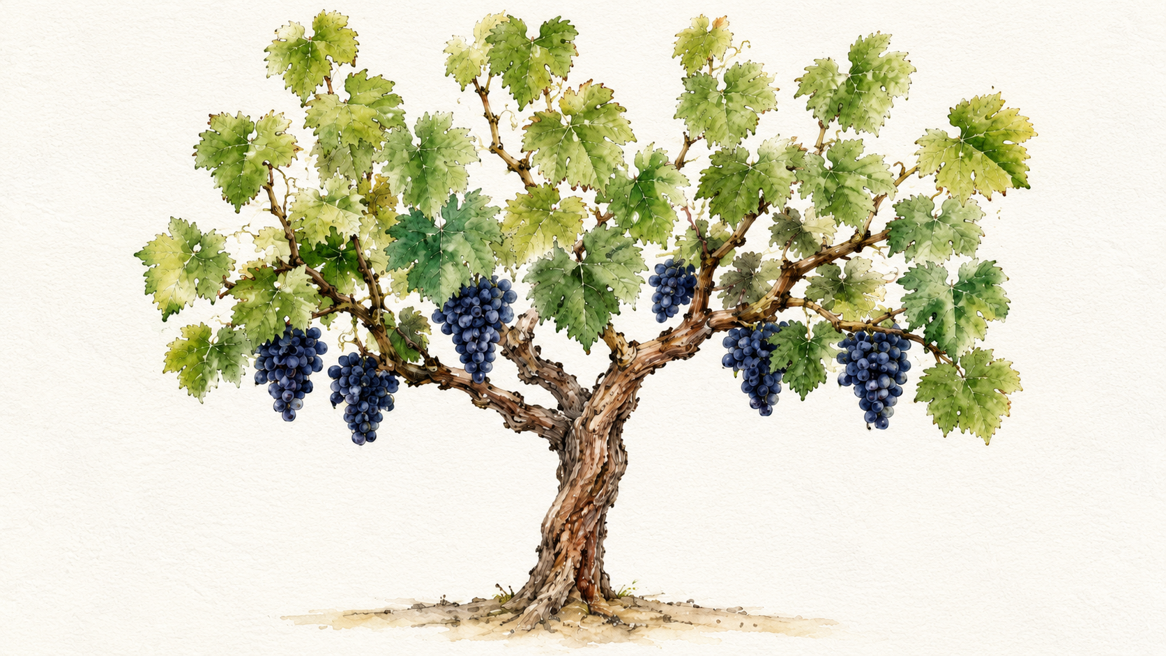 Illustrazione ad acquerello realizzata con intelligenza artificiale di una vite allevata ad alberello con foglie e grappoli d’uva.
