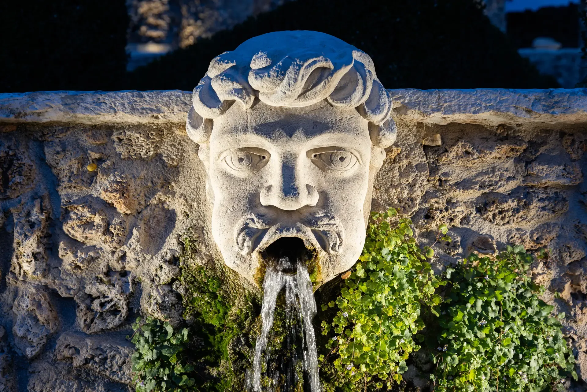Mascherone in pietra del Giardino Segreto del Giardino di Pojega, fontana storica settecentesca